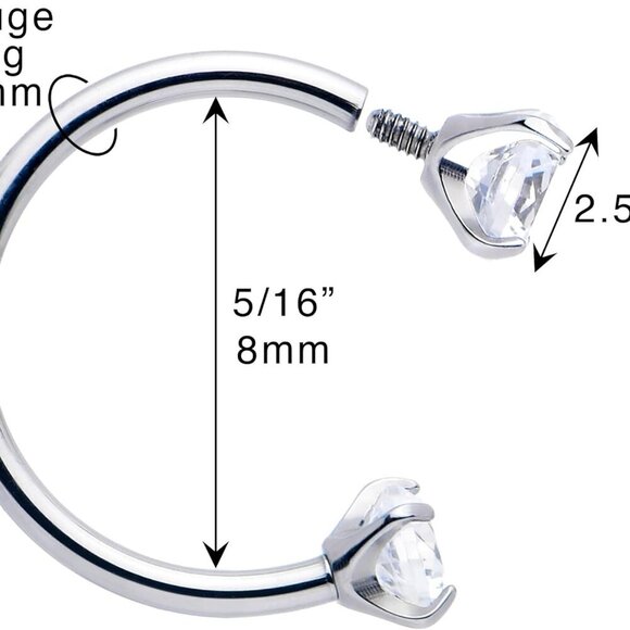 Double Gem Titanium Horseshoe Nose Ring - Internally Threaded Solid Titanium CZ - Picture 2 of 9